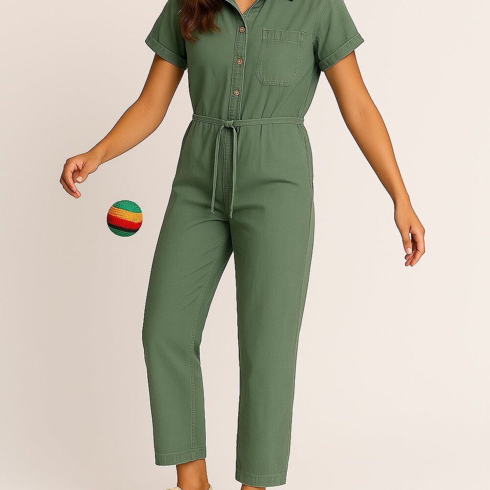 Cat & Jack Girls Green Cotton Button-Up Belted Jumpsuit Size L 10-12